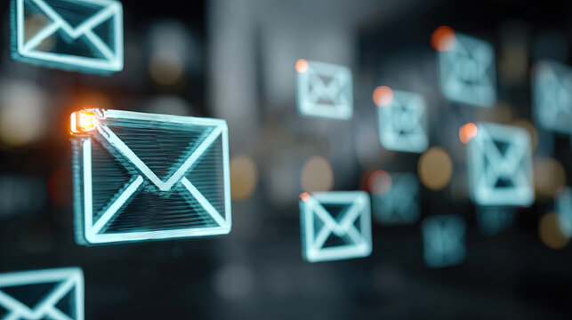Digital email filtering icons with AI technology and binary code background in futuristic style
