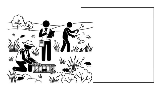 Researchers conducting wildlife study with traps and tracking equipment in a field.