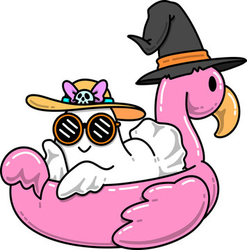 Summer Ghost in Flamingo Float Wearing Witch Hat Cartoon