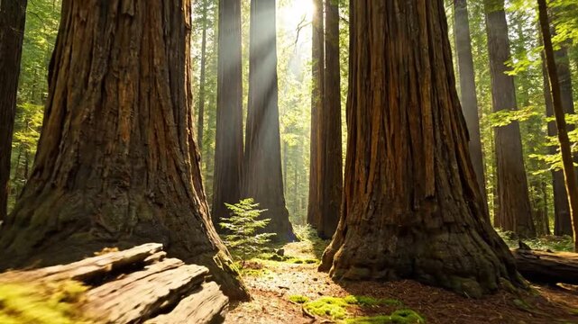 Sunlight Streams Through Majestic Redwood Forest