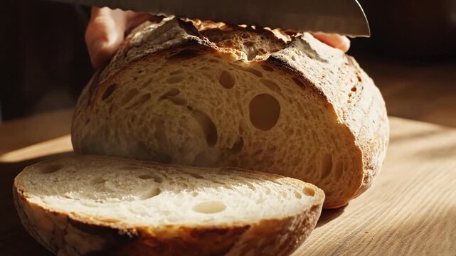 Hand slicing fresh sourdough bread loaf