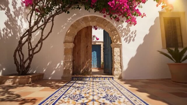 Ornate Courtyard with Bougainvillea and Tiled Pathway