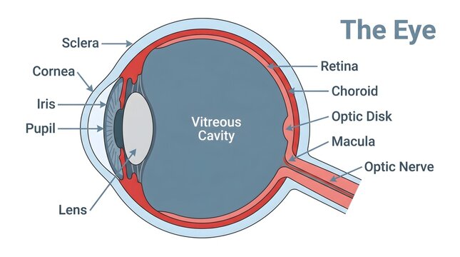 Human Eye Anatomy Diagram for Medical Education Showing Labeled Internal Structures Like Retina and Optic Nerve
