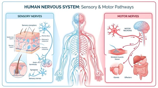 Nervous System Detailed Illustration of Human Sensory and Motor Pathways with Receptors and Effector Organs