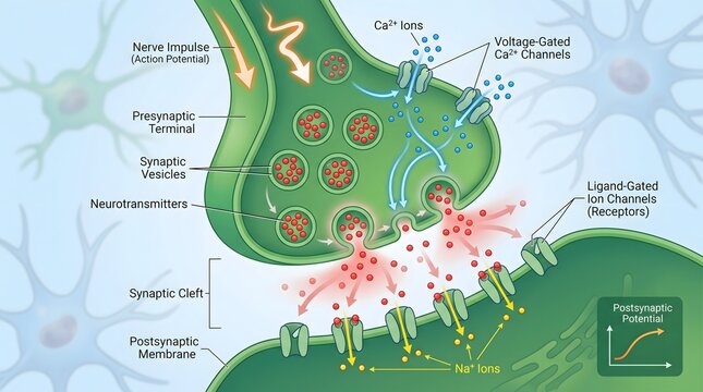 Synaptic Transmission Detailed Scientific Illustration Showing Nerve Impulse and Neurotransmitter Release for Educational Use