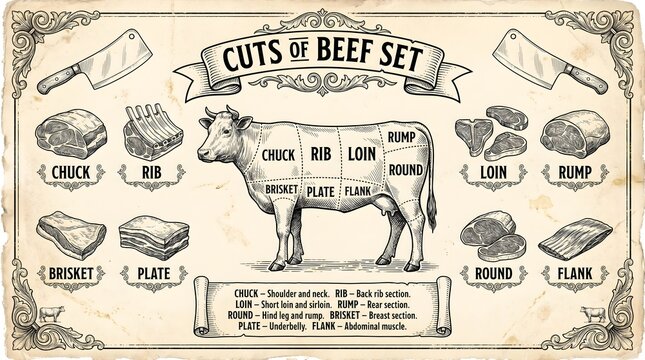 Cuts of Beef Set Vintage Butcher Diagram with Various Meat Sections and Descriptions