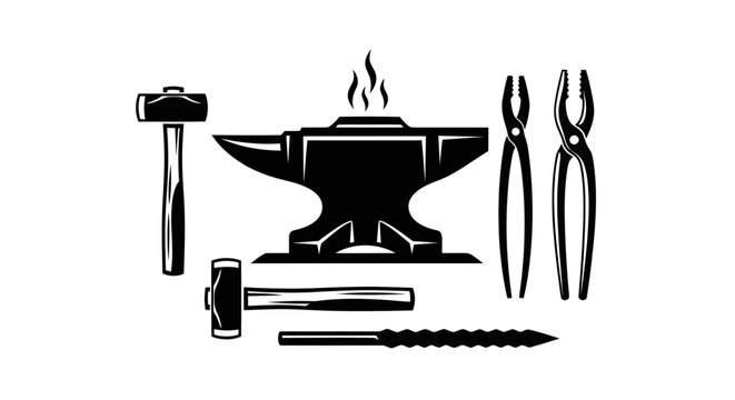 Blacksmith Tools: Anvil, Hammers, Pliers, and Hot Metal Icon Set