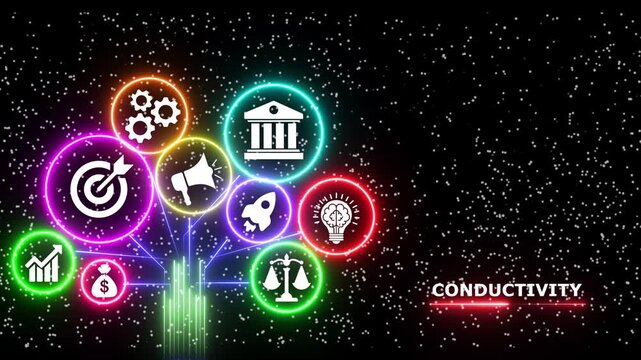 Abstract digital connectivity motion graphics featuring glowing neon tree icons.