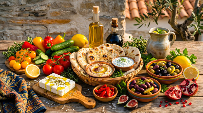 A delicious Easter still life and table setting featuring a fresh gourmet meal with decorated easter eggs, healthy salad, cheese, and a ham dish served on a dinner plate