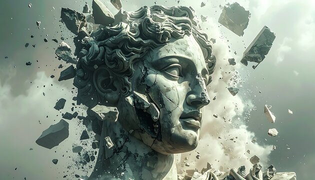 Statue head exploding in destruction chaos.