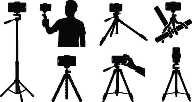 Person using smartphone with camera and tripods