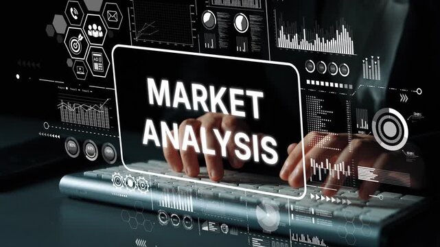 Business professional conducting market analysis using modern technology and data visualization on a laptop in a corporate environment. Asymptotic smart data analytic.