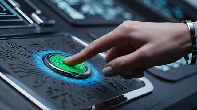 Close-up of a woman's finger pressing a glowing green button on a futuristic interface with digital circuits.