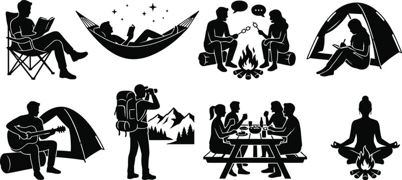 People enjoying various camping and relaxation activities