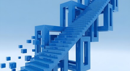 Fototapeta premium Abstract stairway construction with floating blocks in a surreal blue environment, illustrating architectural concept and 3D design