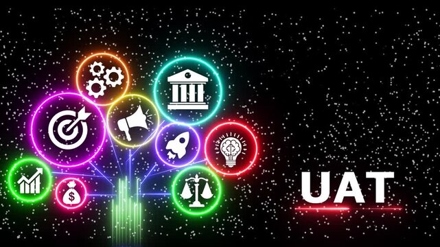 UAT user acceptance testing concept with business icons against black background.