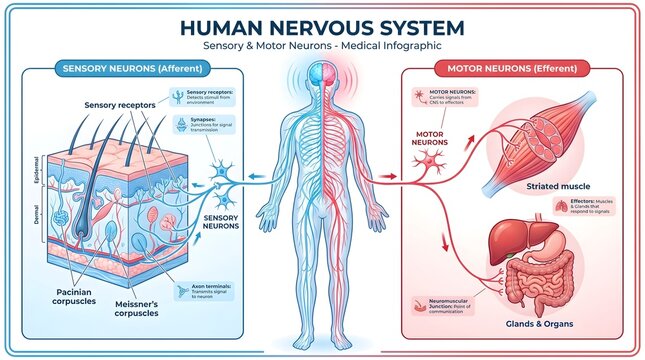 Human Nervous System Infographic Illustrating Sensory and Motor Neuron Anatomy and Physiology
