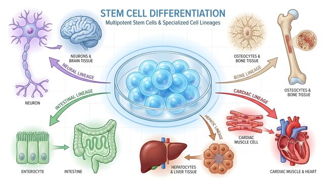Stem Cell Differentiation Illustrates Multipotent Cells Specializing into Diverse Tissues and Organs