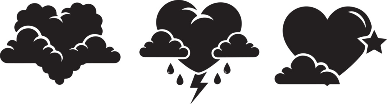 Heart shaped clouds with lightning and star on transparent background