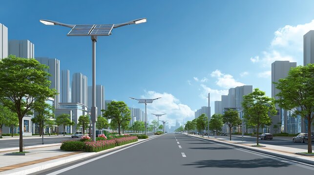 Urban solar smart street lamp, neat smooth road, urban low-carbon environmental street view