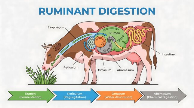 Ruminant Digestion Process in a Cow Illustration Showing the Four Stomach Compartments and Food Path for Educational Purposes