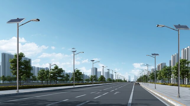 Urban solar smart street lamp, neat smooth road, urban low-carbon environmental street view