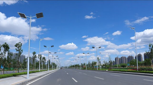Urban solar smart street lamp, neat smooth road, urban low-carbon environmental street view