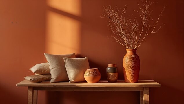 Generative AI showcases a cozy interior scene with earthy-toned decor