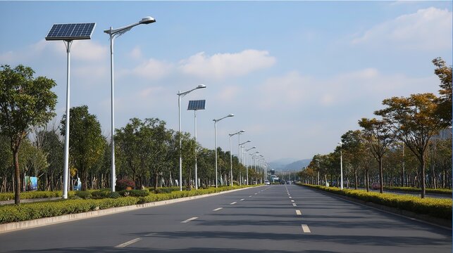 Urban solar smart street lamp, neat smooth road, urban low-carbon environmental street view