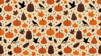 Seamless autumn pattern with pumpkins, leaves, acorns, and birds. © pixel*