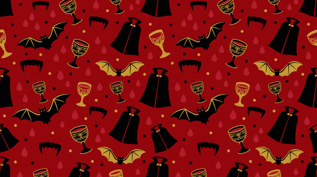 Seamless spooky Halloween pattern featuring witches bats goblets and candles.