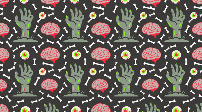 Seamless Halloween horror pattern with zombie hands and brains.