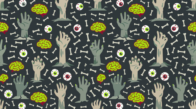 Seamless horror pattern with brains, hands, eyes, skulls and medical icons.