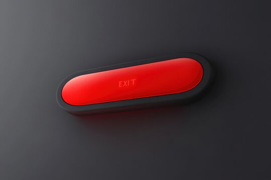 A glowing red exit button with black border, centrally positioned on a dark gray surface