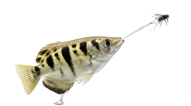 Archerfish Spitting Water at Insect Above Water &ndash; Side View Isolated on White Background