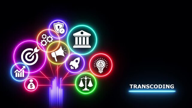 Transcoding neon business tree concept with glowing digital marketing icons.