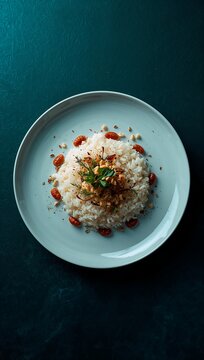 Generative AI captures a beautifully plated dish of rice garnished with herbs and vegetables