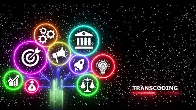 Abstract background with animated text transcoding and business icons on black background.