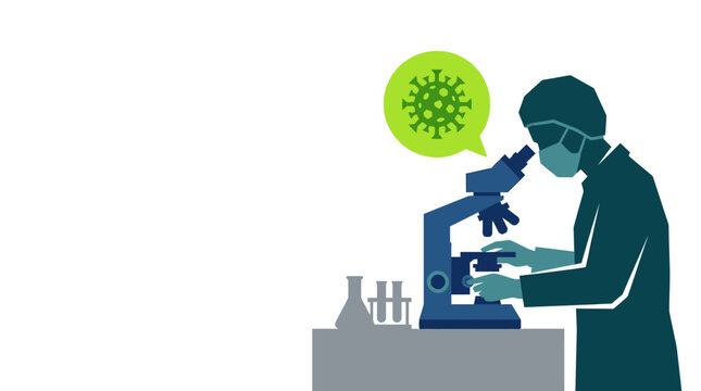 Scientist in lab coat examining virus samples under microscope.