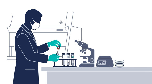 Scientist in lab coat working with test tubes in a laboratory setting.