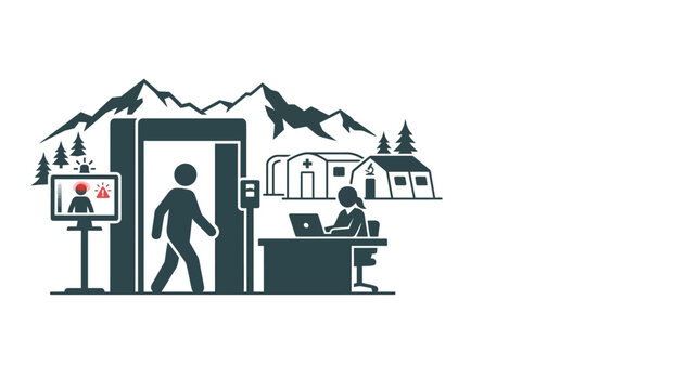 Security checkpoint icon with person passing through metal detector and monitoring station.