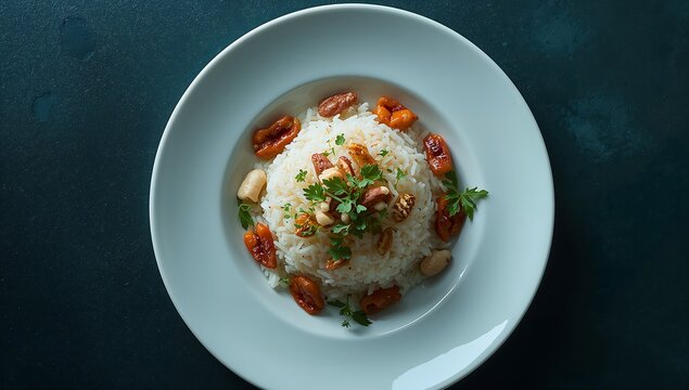 Generative AI depicts a bowl of aromatic rice garnished with nuts and herbs