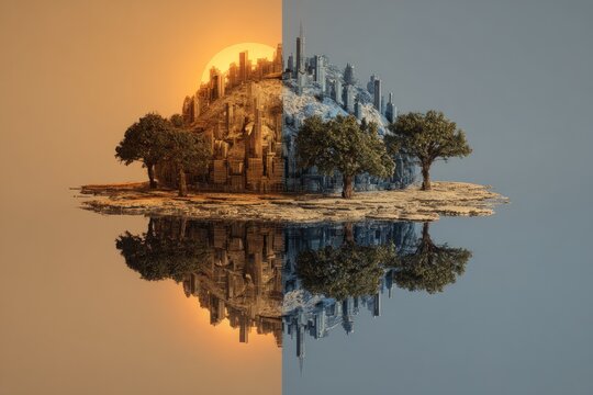 Dual-toned island cityscape, sun and moon, reflected in water