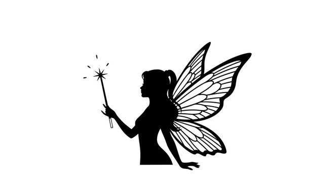 Silhouette of a fairy with wings and magic wand, sparkling effect