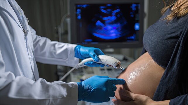 Technician uses ultrasound wand on pregnant belly, screen displays fetal image