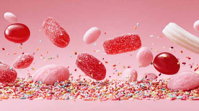 Colorful candies and sprinkles frozen mid-air over pink background