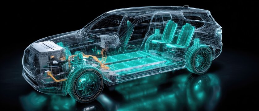 Transparent vehicle chassis reveals electric powertrain, battery, and interior