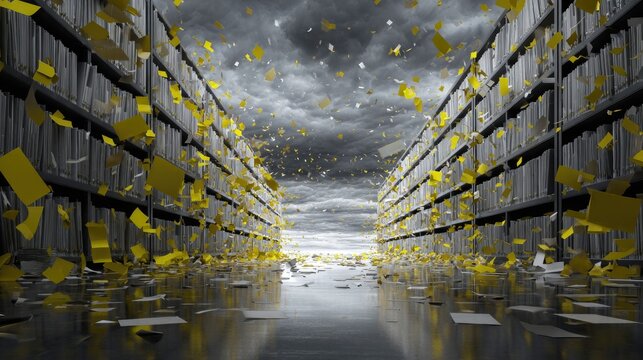 Rows of bookshelves in a storm, with yellow paper falling