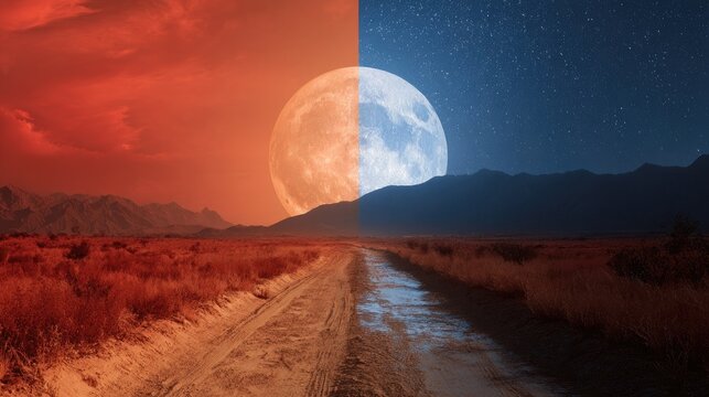 A surreal desert landscape splits into fiery day and starry night, united by a moon