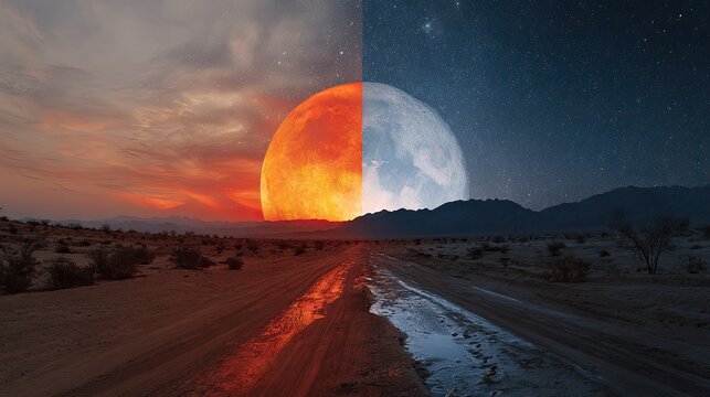 Dual moon landscape fiery sunrise meets starry night, road splits desert & darkness